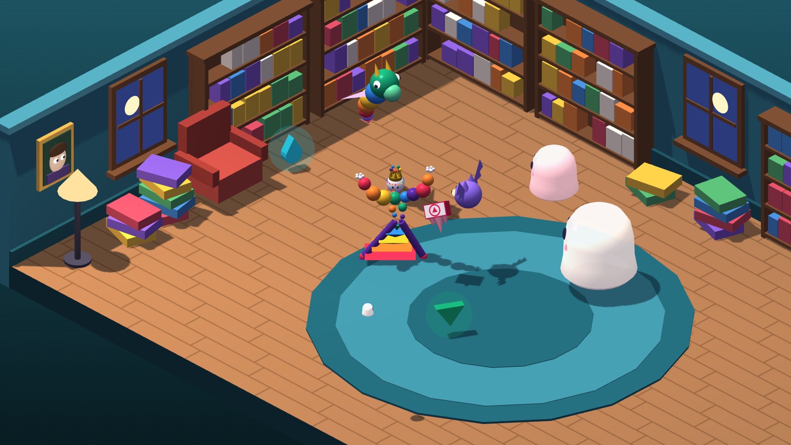 The Rune King in a 3D haunted library with ghosts and a bat